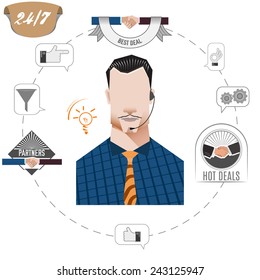 24 hours support call center operator, service icons, business concept, vector illustration