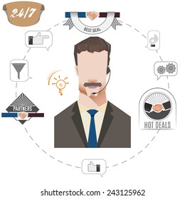 24 hours support call center operator, service icons, business concept, vector illustration