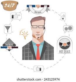 24 hours support call center operator, service icons, business concept, vector illustration