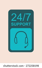 24 hours support flat icon with headphones. Vector interface design