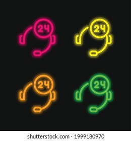 24 Hours Support four color glowing neon vector icon