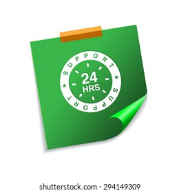24 Hours Support Green Sticky Notes Vector Icon Design