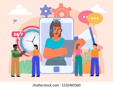 24 hours support or help, frequently asked questions. Contact support center from your phone concept. Poster for social media, web page, banner, presentation. Flat design vector illustration