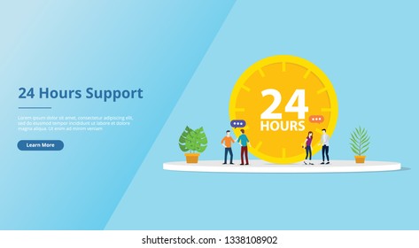 24 hours support service concept for website template page with clock and people team - vector