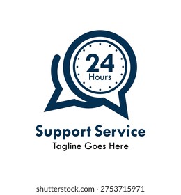 24 hours support service logo featuring a clock symbol inside a speech bubble icon, ideal for customer care, assistance, and help center communication services.
