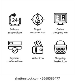 Suporte 24 horas, Cliente alvo, Compras on-line, Pagamento confirmado, Carteira, Cesta de compras, ícone, ícone Linha Definir