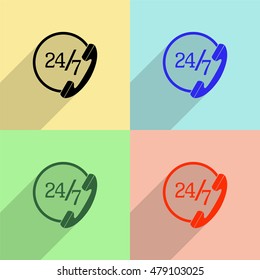 24 hours support vector icon - colored set with  long shadow