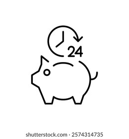 24 hours symbol and piggy bank. Constant investment and finance growth. Pixel perfect vector icon