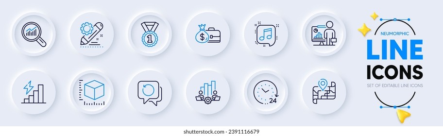 24 hours, Teamwork chart and Recovery data line icons for web app. Pack of Package size, Data analysis, Salary pictogram icons. Best rank, Musical note, Project edit signs. Map, Teacher. Vector