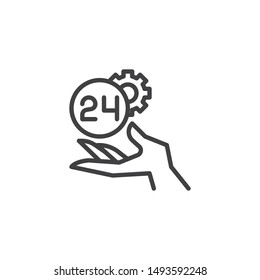 24 hours technical support service line icon. linear style sign for mobile concept and web design. Hand with gear outline vector icon. Symbol, logo illustration. Vector graphics