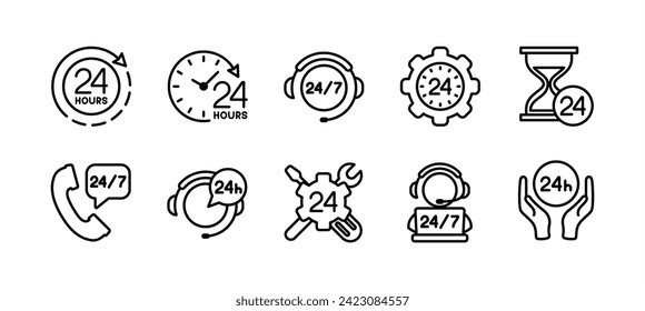 24 hours thin line icon set. Customer service and support 24 hours a week icons. Containing assistance, help, operator, call center and technical support. Vector illustration