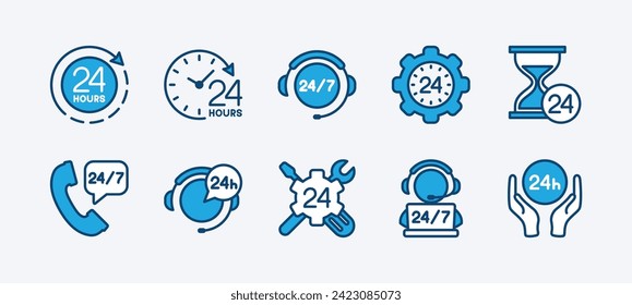 24 hours time icon set. Customer service and support 24 hours a week icons. Containing assistance, help, operator, call center and technical support. Vector illustration