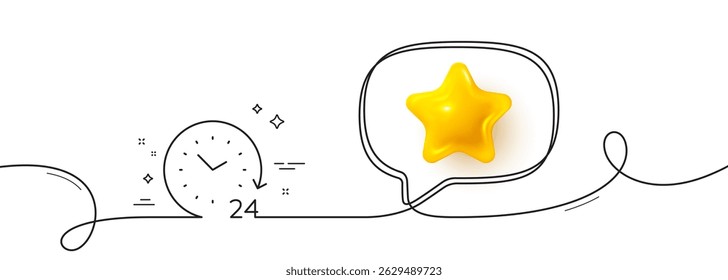 24 hours time line icon. Continuous line with 3d star. Clock sign. Watch symbol. 3d star in speech bubble. 24 hours single line ribbon. Loop curve pattern. Vector