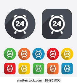 24 hours time sign icon. Clock alarm symbol. Customer support service. Circles and rounded squares 12 buttons. Vector