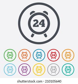 24 hours time sign icon. Clock alarm symbol. Customer support service. Round circle buttons with frame. Vector