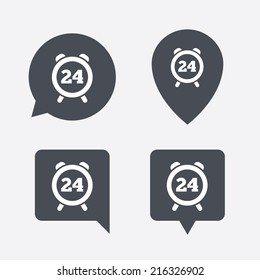 24 hours time sign icon. Clock alarm symbol. Customer support service. Map pointers information buttons. Speech bubbles with icons. Vector