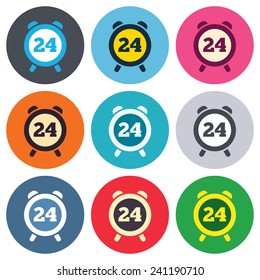 24 hours time sign icon. Clock alarm symbol. Customer support service. Colored round buttons. Flat design circle icons set. Vector