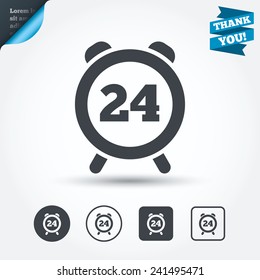 24 hours time sign icon. Clock alarm symbol. Customer support service. Circle and square buttons. Flat design set. Thank you ribbon. Vector