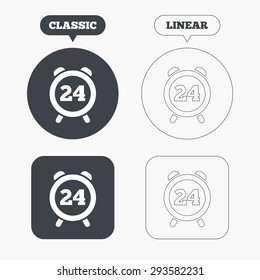 24 hours time sign icon. Clock alarm symbol. Customer support service. Classic and line web buttons. Circles and squares. Vector