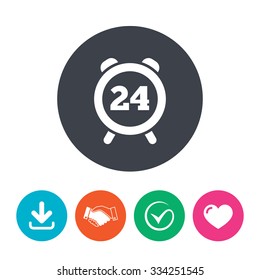 24 hours time sign icon. Clock alarm symbol. Customer support service. Download arrow, handshake, tick and heart. Flat circle buttons.