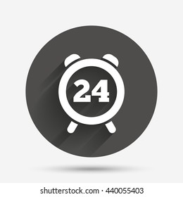 24 hours time sign icon. Clock alarm symbol. Customer support service. Circle flat button with shadow. Vector