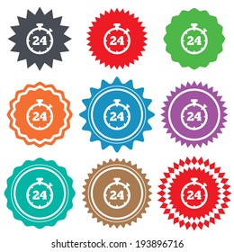 24 hours Timer sign icon. Stopwatch symbol. Customer support service. Stars stickers. Certificate emblem labels. Vector