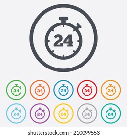 24 hours Timer sign icon. Stopwatch symbol. Customer support service. Round circle buttons with frame. Vector