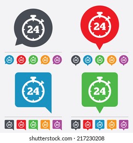 24 hours Timer sign icon. Stopwatch symbol. Customer support service. Speech bubbles information icons. 24 colored buttons. Vector