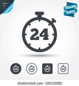 24 hours Timer sign icon. Stopwatch symbol. Customer support service. Circle and square buttons. Flat design set. Thank you ribbon. Vector