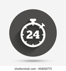 24 hours Timer sign icon. Stopwatch symbol. Customer support service. Circle flat button with shadow. Vector