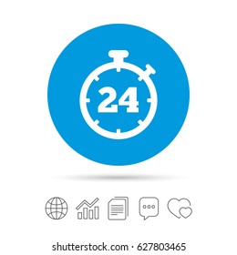 24 hours Timer sign icon. Stopwatch symbol. Customer support service. Copy files, chat speech bubble and chart web icons. Vector