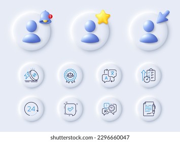 24 hours, Timer and Translate line icons. Placeholder with 3d cursor, bell, star. Pack of Time management, Confirmed, Justice scales icon. Energy price, Agreement document pictogram. Vector