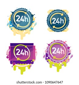 24 hours vector badges collection, circle shape colorful sign designs.