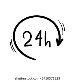 24 hours vector icon in doodle style. Symbol in simple design. Cartoon object hand drawn isolated on white background.