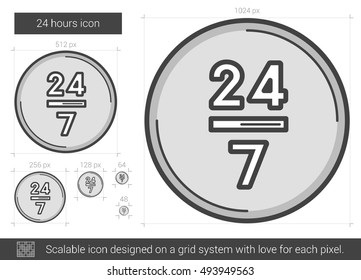 24 Stunden Vektorgrafik Symbol einzeln auf weißem Hintergrund. 24 Stunden Zeilensymbol für Infografik, Website oder App. Skalierbares Symbol, das auf einem Gittersystem entworfen wurde.