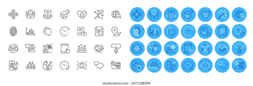 24 hours, Video conference and Tablet pc line icons pack. Green energy, Eye detect, Squad web icon. Messenger, Chat message, Chemistry lab pictogram. Document signature, Diagram graph. Vector