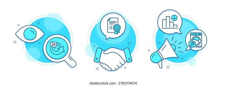 24 hours, Washing machine and Reject certificate line icons set. Handshake deal, research and promotion complex icons. Decreasing graph sign. Repeat, Repair service, Decline file. Crisis chart. Vector