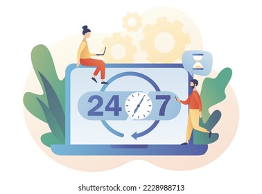 24 hours watch with arrow on laptop screen. Around clock. 24-7 support service, open, time, working hours, delivery concept. Modern flat cartoon style. Vector illustration on white background