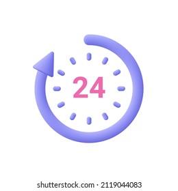 24 hours watch with arrow. Support service, time, working hours, delivery concept. 3d vector icon. Cartoon minimal style.