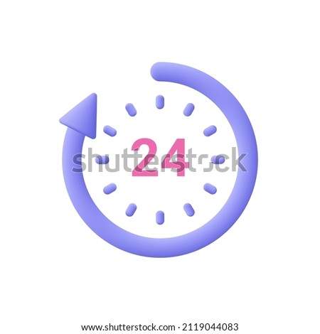 24 hours watch with arrow. Support service, time, working hours, delivery concept. 3d vector icon. Cartoon minimal style.