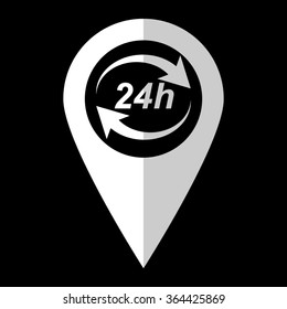 24 hours - white vector icon;  map pointer