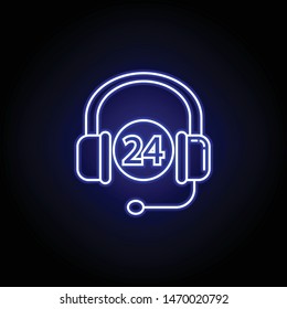 24 hours work headphones line icon in blue neon style. Set of logistics illustration icons. Signs, symbols can be used for web, logo, mobile app, UI, UX
