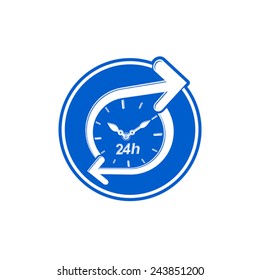 24 hours-a-day concept, clock face with a dial and an arrow around. Day-and-night interface icon