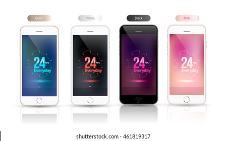 24 Hrs Everyday On Screen Smartphone Mockup Set. Vector Illustration.