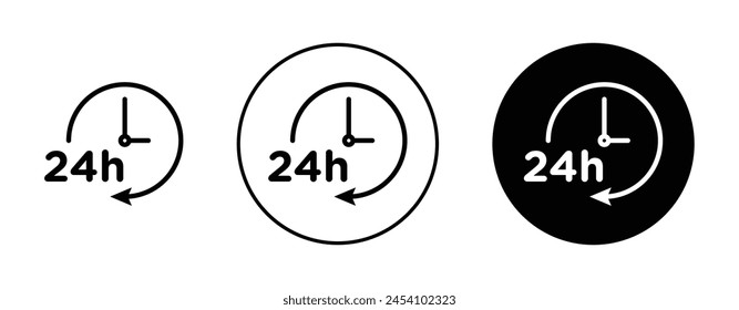 24 hrs icon set. 24h service vector symbol. open twenty four hours sign. same day delivery icon in black filled and outlined style.