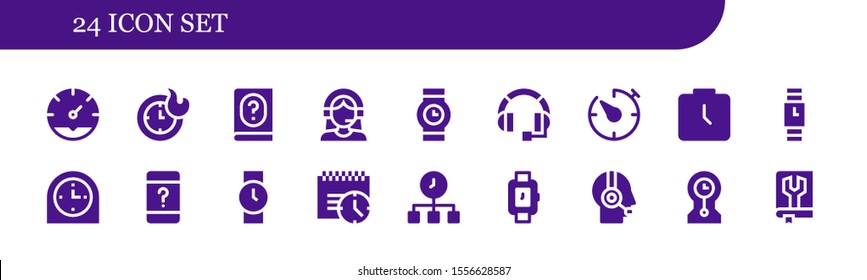 24 icon set. 18 filled 24 icons.  Simple modern icons about  - Clock, Clocks, Manual, Customer support, Wristwatch, Headset, Timer, Watch, Customer service, Deadline, Time