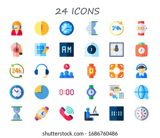 24 icon set. 30 flat 24 icons. Included telemarketer, advise, clock, hourglass, hours, watch, customer service, support, day, timer, headset, time, wristwatch, digital clock icons