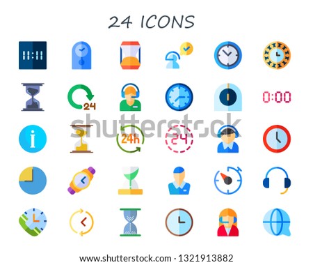 24 icon set. 30 flat 24 icons.  Collection Of - digital clock, clock, hourglass, customer service, hours, timer, support, time, wristwatch, assistance, headset, telemarketer