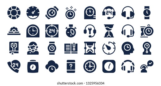 24 icon set. 32 filled 24 icons. on blue background style Collection Of - Support, Manual, 24h, Clock, Customer service, Watch, Wristwatch, Time, Clocks, Customer support, Hourglass