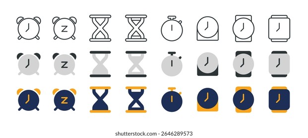 24 Icon Set about Clock, Timer, Stopwatch and Other - 3 Style (Outline, Solid and Colored)